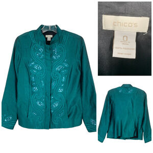 Chico's Sz 0 S Holiday Green Beaded Button Front Jacket Lined Mandarin Collar